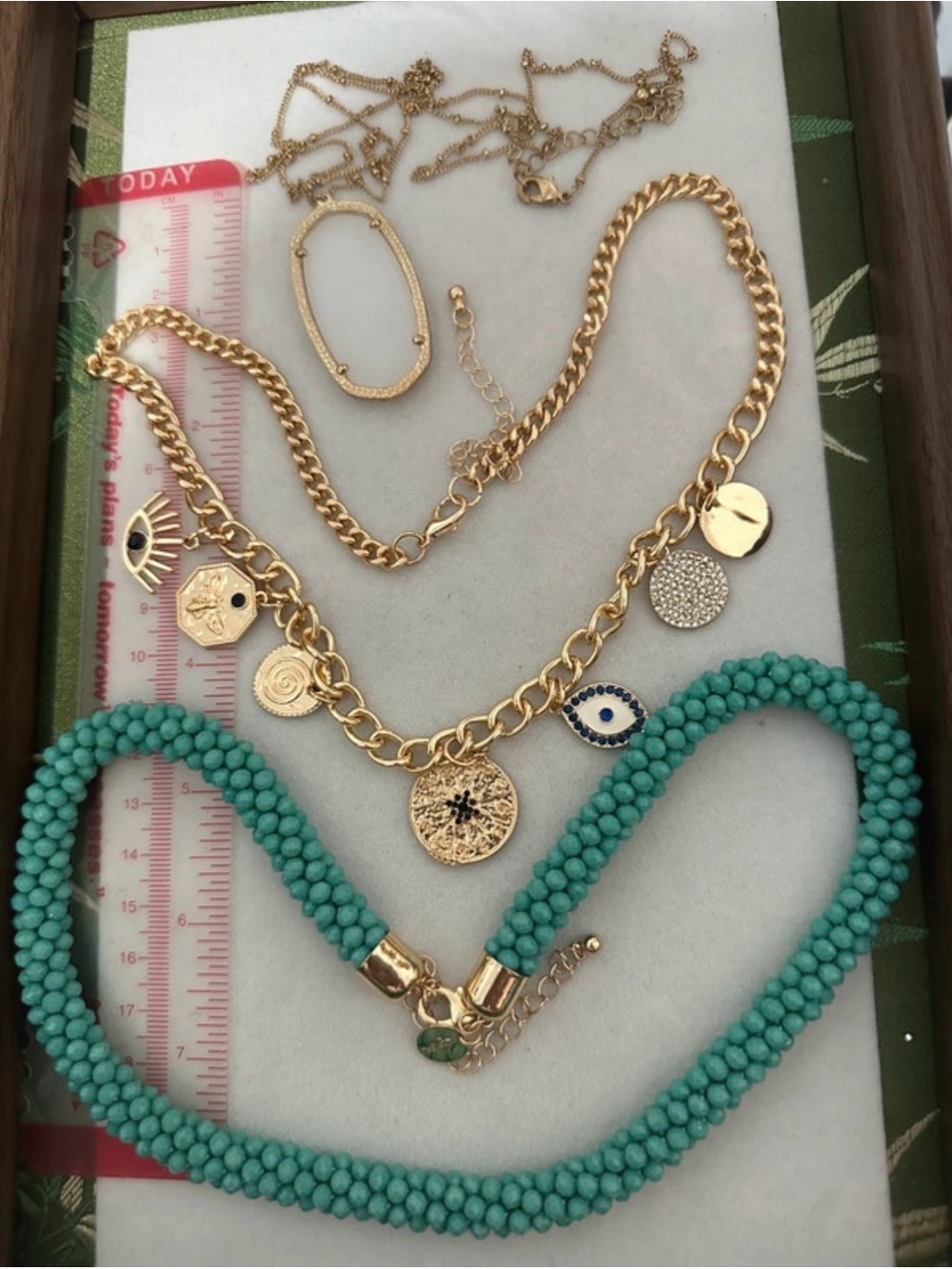 Gold Charm Chain Necklace with Turquoise Beaded Strand
